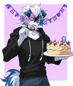 ambiguous_gender anthro birthday_cake blue_body blue_eyes blue_fur cake candle clothing collar dessert food fur pink_body pink_fur solo tail teeth white_body white_fur yellow_eyes laiweitui yean_(kianyemao) absurd_res hi_res
