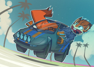 anthro bodily_fluids brown_ears buckteeth car cloud detailed_background driving fur hair inside_car inside_vehicle orange_body orange_ears orange_fur orange_hair outside palm_tree plant sky solo tears teeth tire tongue tree uvula vehicle ratcha lancia lancia_stratos mammal rodent sciurid tree_squirrel 2019 digital_media_(artwork) hi_res shaded