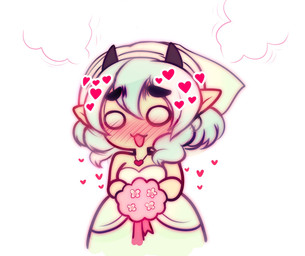 bare_shoulders black_horn blush bouquet clothing dress empty_eyes female flower hair heart_symbol hearts_around_body hearts_around_upper_body holding_flower holding_object horn jewelry necklace not_furry open_mouth plant simple_background solo standing steam wedding_dress white_background white_body white_hair white_skin raikissu helltaker modeus_(helltaker) demon demon_humanoid humanoid hi_res