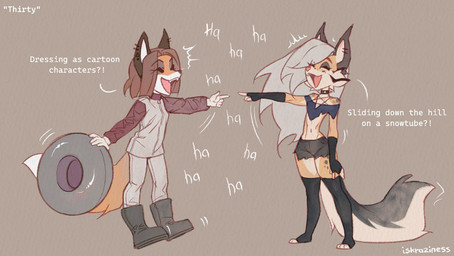 anthro biped bottomwear breasts clothed clothed_anthro clothed_female clothing collar cosplay duo female fingers footwear front_view fully_clothed fully_clothed_anthro fully_clothed_female fur hair pants shoes simple_background smile spots standing tail teeth tongue topwear iskra hellaverse helluva_boss kordi loona_(helluva_boss) canid canine felid feline fox lynx mammal 2026 digital_drawing_(artwork) digital_media_(artwork)