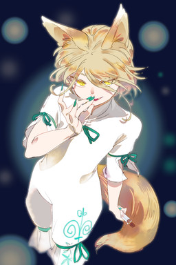 blonde_hair clothed clothed_female clothed_humanoid clothing colored_nails female fingernails fox_hand_gesture green_fingernails green_nails hair holding_test_tube laboratory_equipment laboratory_glassware looking_at_viewer nails romper_suit scientific_instrument solo tail test_tube white_clothing yellow_eyes chamaruku touhou tsukasa_kudamaki animal_humanoid canid canid_humanoid canine canine_humanoid fox_humanoid humanoid mammal mammal_humanoid 2021 2:3 hi_res