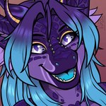 anthro blue_hair blush female hair silly_face smile solo star_eyes tongue tongue_out ariagoldberry himitsuarts mythology magenerosity dragon mythological_creature mythological_scalie scalie animated headshot_portrait icon portrait