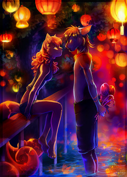 anthro anthrofied candy dessert detailed_background duo female food lamp lantern male male/female multi_tail outside paper_lantern pokemorph romantic romantic_ambiance romantic_couple side_view tail tamberella nintendo pokemon mingchee_(character) canid canine felid generation_1_pokemon generation_4_pokemon luxio mammal pokemon_(species) vulpix restricted_palette