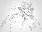 2020 anthro areola belly biceps big_muscles biped bovid bovine cattle clothed clothing facial_piercing flower flower_in_mouth front_view fur hair horn looking_at_viewer looking_down looking_down_at_viewer male mammal monochrome musclegut muscular muscular_anthro muscular_male nipples nose_piercing nose_ring pecs piercing plant ring_piercing rodeo_(skaifox) rose_(flower) rose_in_mouth skaifox sketch solo tattoo topless traditional_media_(artwork)