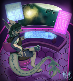 anthro bottomwear clothing computer computer_mouse digital_display electronics futuristic game_screen gaming hair hologram jacket long_ears long_tail looking_at_viewer male pawpads short_hair shorts solo tail topwear flabberd mythology dragon mythological_creature mythological_scalie scalie