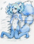 anthro blue_body blue_fur blue_hair breasts clothing female fur genitals hair legwear lying nipples nude pussy small_breasts solo stockings tail white_body white_fur young young_anthro young_female lady_owl nintendo star_fox krystal_(star_fox) canid canine fox mammal low_res