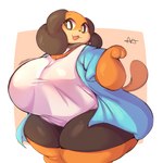 big_breasts breasts clothing female jacket looking_at_viewer simple_background slightly_chubby solo thick_thighs topwear lightmizano duck_hunt nintendo duck_hunt_dog huntress_(lewdewott) canid canine canis domestic_dog mammal 1:1 hi_res