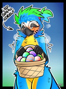 anthro basket belly blue_body blush breath container easter_egg egg eyewear facial_markings feathers femboy fluffy glasses hair head_markings holidays implied_oviposition male markings panting ponytail round_glasses solo standing tail tail_feathers tremble_spikes yellow_belly meatyr easter mitchell_(meatyr) ara_(genus) avian bird blue-and-yellow_macaw macaw neotropical_parrot parrot true_parrot 3:4 absurd_res hi_res