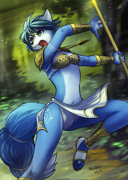 action_pose anthro armor blue_body blue_fur blue_hair bottomwear bra bracers breasts camel_toe cleavage clothed clothing fangs female footwear fur green_eyes hair jewelry loincloth melee_weapon navel necklace open_mouth outside panties panty_shot pendant polearm pose sandals shoes solo staff teeth underwear weapon white_body white_fur powree nintendo star_fox krystal_(star_fox) canid canine fox mammal 2013