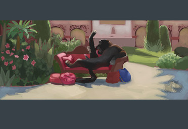 anthro black_body erection flower furniture garden male mystic_spring_oasis nude outside pillow plant screencap_redraw sofa solo jameslewis disney zootopia naturalist_panther felid feline mammal hi_res letterbox