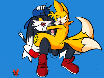 2_tails anal anal_penetration anthro anthro_on_anthro anthro_penetrated anthro_penetrating anthro_penetrating_anthro backwards_baseball_cap backwards_hat balls baseball_cap biped black_body black_fur black_nose blue_background blue_eyes blush bouncing butt clothing crossover_ship dipstick_ears dipstick_tail duo ear_markings erection eye_contact footwear foreskin from_front_position fur genitals gloves half-closed_eyes hand_on_head handwear hat headgear headwear heart_symbol interspecies looking_at_another looking_at_partner looking_pleasured love male male/male male_penetrated male_penetrating male_penetrating_male markings mastery_position mostly_nude motion_blur motion_lines multi_tail multicolored_ears multicolored_tail narrowed_eyes one_eye_closed open_mouth penetration penis purple_eyes retracted_foreskin sex shoes simple_background sitting smile tail tail_markings white_body white_fur wink yellow_body yellow_fur taillove bandai_namco klonoa_(series) sega sonic_the_hedgehog_(series) klonoa miles_prower canid canine domestic_cat felid feline felis fox mammal 2018 crossover hi_res signature