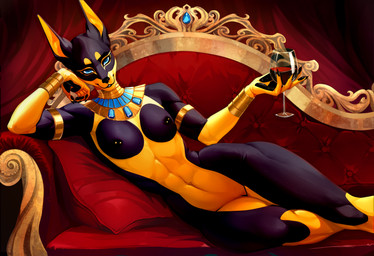 abs alcohol anthro armlet athletic barbell_piercing beverage black_body black_claws black_fur black_nipples black_nose black_pawpads black_vulva blue_eyes breasts claws container cup drinking_glass female fur genitals glass glass_container glass_cup gold_(metal) gold_armband gold_jewelry gold_nipple_barbell gold_nipple_piercing golden_markings head_on_hand holding_glass holding_object jewelry looking_at_viewer lounging nipple_piercing nipples pawpads piercing pillow pointy_ears pose prick_ears red_chair red_pillow small_breasts solo thick_thighs vulva wine wine_glass yellow_body yellow_fur faolche aydi_(nullthewolf) hybrid hi_res