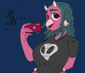 2_horns 5_fingers anthro beak black_clothing black_shirt black_t-shirt black_topwear blue_hair cellphone clothing dreadlocks electronics eyelashes female fingers hair hand_behind_back horn long_hair looking_at_viewer open_mouth open_smile phone pink_body pink_eyes pink_scales scales shirt simple_background skull_shirt smartphone smile solo t-shirt topwear transparent_background third-party_edit yonstar_studios cavemanon_studios snoot_game babs_(snoot_game) ankylosaurian ankylosaurid ankylosaurus dinosaur ornithischian prehistoric_species reptile scalie thyreophoran 2025 alpha_channel color_edit colored digital_drawing_(artwork) digital_media_(artwork) hi_res watermark
