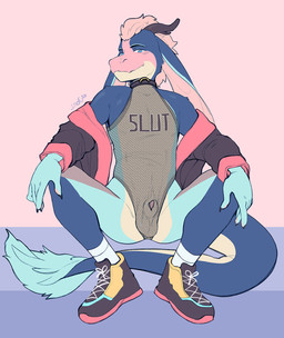 animal_genitalia anthro balls blue_body clothing collar crouching fishnet_clothing flaccid footwear genitals jacket leotard male penis sheath shoes socks solo tail text text_on_clothing topwear snofu asian_mythology east_asian_mythology mythology silvia_(pullmytail) dragon eastern_dragon mythological_creature mythological_scalie scalie hi_res