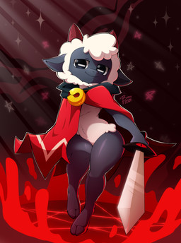 anthro black_body black_skin femboy fur horn male pose smile solo standing thick_thighs white_body white_fur white_wool wool_(fur) bere_dolly_art bere_nsfw cult_of_the_lamb massive_monster_(studio) lamb_(cult_of_the_lamb) bovid bovine caprine mammal sheep absurd_res hi_res pinup