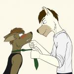 1:1 anthro blush canid canine canis clothing domestic_dog duo embarrassed eye_contact fangs fuze hi_res looking_at_another luis_(fuze) male male/male mammal markings necktie pulling_(disambiguation) suit teeth wolfgang_(fuze)