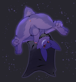 anthro anus cape clothing floating foreskin genitals grin leg_grab male penis presenting smile solo upside_down ashfordkingston nintendo pokemon danni_(invalidnickname) generation_1_pokemon gengar ghost pokemon_(species) spirit absurd_res hi_res
