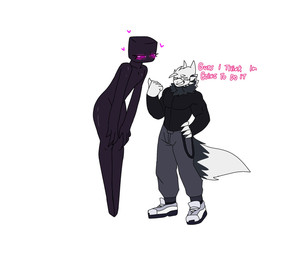 anthro bedroom_eyes bent_over black_clothing black_eyes blush blush_lines clothing dialogue duo eyelashes eyewear facial_markings facial_tuft female footwear glasses head_markings heart_symbol looking_at_another looking_down male markings muscular muscular_male narrowed_eyes neck_tuft purple_eyes seductive shoes simple_background smile smiling_at_viewer smirk smirking_at_viewer tail text tuft white_background dragonskyller microsoft minecraft mojang mythology xbox_game_studios skyller dragon enderman mythological_creature mythological_scalie scalie 2025 english_text hi_res