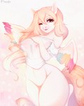 absurd_res anthro bambolbi big_breasts blonde_hair breasts clothed clothing digital_media_(artwork) equid equine eyelashes female fingernails fur glistening hair hi_res holding_breast long_hair looking_at_viewer mammal multicolored_eyes mythological_creature mythological_equine mythology nails one_eye_closed partially_clothed pastel_(pastelneigh) pegasus rainbow rainbow_eyes rainbow_wings shaded shirt signature simple_background smile smiling_at_viewer snout solo sparkles tail thick_thighs topwear translucent translucent_clothing wet wet_clothing wet_shirt wet_topwear white_body white_fur wings wink winking_at_viewer yellow_tail