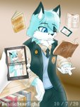 anthro bdsm blackmail blue_body blue_eyes book clothed clothing electronics eye_patch eyewear group leash library magic magic_user male male/male petplay phone roleplay tasticstarlight snapchat canid canine fox mammal 3:4 digital_media_(artwork) hi_res shaded