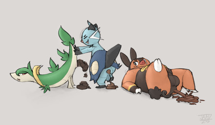 ambiguous_gender ambiguous_pooping anthro anus balls blue_body blue_fur brown_body butt eyes_closed feces feces_on_ground feces_pile feral fur genitals gloves_(marking) green_body grey_background group hand_on_tail head_tuft looking_at_another looking_back lying male male_pooping markings narrowed_eyes on_back open_mouth orange_body pooping pooping_on_floor pooping_together raised_tail scatplay seashell shell simple_background smile snaggle_teeth tail tan_body text trio tuft whiskers yellow_body jadeder nintendo pokemon dewott generation_5_pokemon pignite pokemon_(species) servine 2026 artist_name dated hi_res