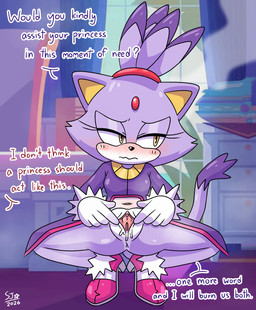 anthro anus black_nose blush bottomless breasts clothed clothing crouching dialogue dipstick_tail embarrassed eyelashes female footwear forehead_gem front_view fur gem genitals gloves handwear high_heels markings navel pink_clothing pink_footwear pink_shoes purple_body purple_clothing purple_fur purple_topwear shoes solo spread_vulva spreading tail tail_markings text topwear vulva wavy_mouth white_body white_clothing white_fur white_gloves white_handwear yellow_eyes oliviabox sega sonic_the_hedgehog_(series) blaze_the_cat domestic_cat felid feline felis mammal 2026 absurd_res english_text hi_res