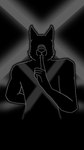 anthro black_background crosses eyeless finger_to_mouth fur looking_at_viewer male pose reflection shush simple_background solo codex_the_wolf canid canine canis mammal wolf 9:16 digital_drawing_(artwork) digital_media_(artwork) hi_res monochrome portrait