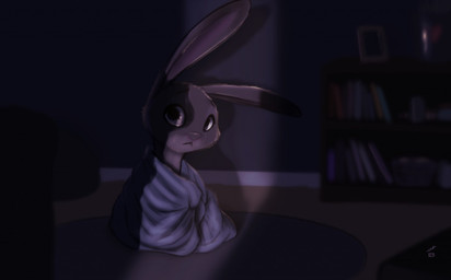 ambiguous_gender anthro bedding blanket bodily_fluids dark detailed_background fur grey_body grey_fur inside light looking_at_viewer sad shadow solo tears 12-9 disney zootopia judy_hopps lagomorph leporid mammal rabbit lighting