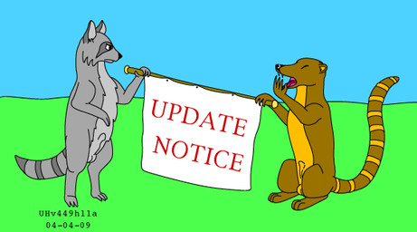 angry animal_genitalia balls banner blue_sky brown_body brown_fur duo feral frustrated fur genitals grass green_grass grey_body grey_fur hand_in_front_of_mouth holding_banner long_tail male open_mouth plant red_text sheath sitting sky standing tail text tongue yawn urbanhermit coati mammal procyonid raccoon 2004 colored dated english_text