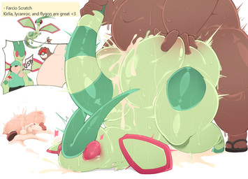ambiguous_gender anthro big_butt bodily_fluids butt claws clothing cum cum_in_ass cum_in_mouth cum_inside dark_body dark_skin footwear genital_fluids gesture group hand_gesture light_body light_skin lying male on_back overweight overweight_male pointing pokeball red_eyes sandals shoes tail tail_grab text thick_thighs trio wings shinolara nintendo pokemon flygon generation_3_pokemon human mammal pokemon_(species) english_text hi_res
