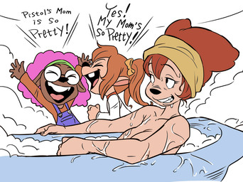 accessory age_difference anthro bath bathing bathtub breasts censored_nipples cleavage clothed clothed/nude clothed_female clothing compliment convenient_censorship dialogue embarrassed exposure_to_minor female group hair hair_accessory hair_tie headband mature_anthro mature_female nude older_anthro older_female open_mouth pink_hair red_hair smile solo_focus speech_bubble text towel towel_on_head towel_only young younger_anthro younger_female splooge disney goof_troop peg_pete pistol_pete domestic_cat felid feline felis mammal 2021 censored english_text