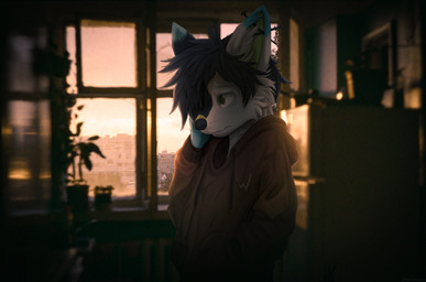 anthro appliance blurred_background building city clothed clothed_anthro clothed_male clothing detailed_background dipstick_ears ear_markings ear_piercing fridge fur hair hand_in_pocket hoodie industrial_piercing inner_ear_fluff inside kitchen_appliance male male_anthro multicolored_ears piercing plant pockets sad sky solo standing sunset topwear tuft window acronium canid canine canis mammal wolf digital_media_(artwork) hi_res