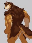 anthro back_muscles barrel_(live_a_hero) brown_body brown_fur canid canine canis fur hi_res lifewonders live_a_hero male mammal muscular muscular_anthro muscular_male nude rear_view solo wolf znoneikaga