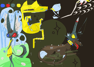 ambiguous_gender clothed clothed_female clothing dress female feral grass group heterochromia plant surrealism trio yellow_clothing yellow_dress naircat canid canine canis domestic_cat domestic_dog felid feline felis mammal 2017 digital_media_(artwork) microsoft_paint_(artwork)