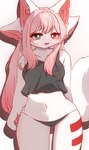 4_ears anthro biped black_clothing black_crop_top black_panties black_shirt black_topwear black_underwear breasts clothed clothing collarbone crop_top eyebrow_through_hair eyebrows eyelashes female fluffy fluffy_tail front_view fur grey_eyes hair heterochromia kemono long_hair medium_breasts midriff multi_ear navel open_mouth open_smile panties pantsless pawpads paws pink_hair red_eyes shirt simple_background smile solo standing tail thick_thighs topwear translucent translucent_hair underwear white_body white_fur kitsunenomiya hakuren_(myuruu) mammal 2024 hi_res portrait three-quarter_portrait