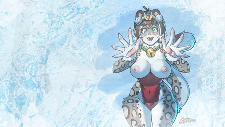 anthro big_breasts blue_eyes blush blush_lines breasts clothing countershade_face countershade_fur countershading exposed_breasts female fluffy fluffy_tail fur hair headgear lips markings multicolored_hair nipples nude nude_female one-piece_swimsuit pawpads pink_nipples short_hair smile solo spots spotted_body spotted_fur swimwear tail thick_thighs two_tone_hair wide_hips luxar92 orio_(character) felid mammal pantherine snow_leopard 16:9 hi_res widescreen
