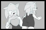 anthro armwear bodysuit butt clothed clothing cosplay crossdressing elbow_gloves gloves handwear male simple_background skinsuit solo tight_clothing worried walas21 sega sonic_the_hedgehog_(series) rouge_the_bat sonic_the_hedgehog eulipotyphlan hedgehog mammal 2021 hi_res monochrome signature