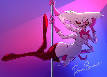 anthro bodily_fluids bow_(feature) bow_tie cum dust fur genital_fluids hell male saliva solo strip_club stripper white_body white_fur rumbunnii hazbin_hotel hellaverse angel_dust arachnid arthropod spider absurd_res hi_res
