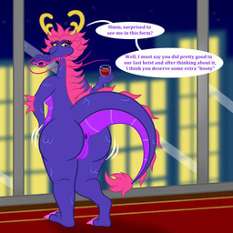 anthro antlers anus barbel_(anatomy) big_butt biped building butt claws container cup detailed_background dialogue drinking_glass eyelashes fangs female flesh_whiskers genitals glass glass_container glass_cup hair holding_container holding_cup holding_drinking_glass holding_object holding_wine_glass horn inside looking_back mane motion_lines night pink_hair pink_mane purple_body red_carpet shaking_butt solo speech_bubble star tail_anus teeth text vulva whiskers window wine_glass sharkinwaves despicable_me illumination_entertainment mythology belle_bottom_(minions) dragon eastern_dragon mythological_creature mythological_scalie scalie 1:1 english_text hi_res