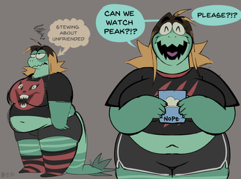 anthro belly belly_overhang big_breasts black_hair blonde_hair bottomwear breasts clothed clothing eyes_closed female fingers footwear green_body grey_background hair half-closed_eyes hotpants huge_breasts legwear long_hair midriff multicolored_hair narrowed_eyes navel non-mammal_breasts open_mouth overweight overweight_anthro overweight_female shirt shorts simple_background socks solo standing stockings t-shirt text thick_thighs tongue topwear two_tone_hair deedubliner house_(1977_film) nope_(film) courtney_(jauntyweb) lizard reptile scalie absurd_res english_text hi_res signature