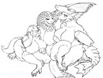 anthro big_breasts breasts claws female genitals group horn membrane_(anatomy) membranous_wings nipples pussy simple_background slightly_chubby slightly_chubby_anthro slightly_chubby_female spread_legs spreading toe_claws trio white_background winged_arms wings iriedono capcom monster_hunter bazelgeuse brachydios brute_wyvern dodogama fanged_wyvern flying_wyvern 2022 4:3 black_and_white digital_media_(artwork) hi_res monochrome