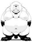 anthro belly big_belly bow_tie genitals kemono male moobs navel nipples overweight overweight_male penis simple_background solo sigenoya takotyutyu spy_x_family bond_(spy_x_family) canid canine canis domestic_dog mammal 2024 hi_res monochrome