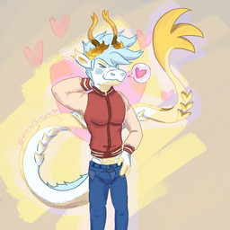 anthro blue_bottomwear blue_clothing blue_hair blue_jeans blue_pants bottomwear clothed clothing denim denim_bottomwear denim_clothing eyes_closed fully_clothed hair hand_on_hip hand_on_own_hip heart_symbol horn jacket jeans letterman_jacket male midriff pants scales snout solo speech_bubble standing tail topwear white_body white_scales yellow_horn capegloam mythology barley_(capegloam) dragon eastern_dragon mythological_creature mythological_scalie scalie 1:1 2021 digital_drawing_(artwork) digital_media_(artwork) paint_tool_sai_(artwork) pictographics portrait shaded three-quarter_portrait