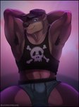 anthro armpit_hair biceps blue_eyes body_hair boxer_briefs brown_body brown_fur bulge clothed clothing clothing_lift fur hair hands_behind_head hat headgear headwear jolly_roger looking_at_viewer male muscular muscular_anthro muscular_male navel pecs raised_arms shirt shirt_lift simple_background skull_symbol solo tank_top topwear underwear horrorbuns echo_(game) echo_(series) echo_project sydney_bronson mammal mustelid otter digital_media_(artwork) hi_res