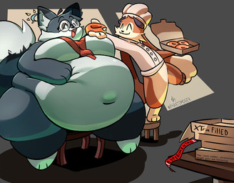 ambiguous_gender anthro belly belly_expansion belly_inflation big_belly big_breasts big_butt bloated breasts butt clothing duo expansion feederism feeding female food food_fetish huge_belly huge_breasts huge_thighs inflation male male/female navel onomatopoeia overweight overweight_anthro sound_effects squish stuffing text thick_thighs weight_gain phantomdgen canid canine fox lagomorph leporid mammal rabbit colored digital_drawing_(artwork) digital_media_(artwork)