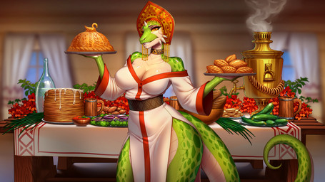 anthro aroused big_breasts breasts claws clothed clothing dress eyelashes fangs female female_anthro green_body horn huge_breasts inside muscular muscular_anthro muscular_arms muscular_female piercing scales solo tail teeth yellow_eyes beavertyan hueaxis humans_are_not_that_against_lizardwomen humans_are_not_that_against_lizardwomen_2 veinte_(hantal) lizard reptile scalie 16:9 absurd_res hi_res widescreen