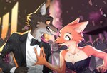 anthro black_tie_(suit) clothing dancing dress duo female fur grey_body grey_fur male male/female one_eye_closed orange_body orange_fur party piercing romantic romantic_ambiance suit wink birdpopo dreamworks the_bad_guys diane_foxington mr._wolf_(the_bad_guys) canid canine canis cannie fox mammal wolf 2022 hi_res