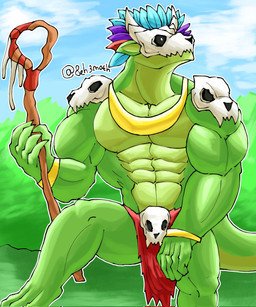 abs anthro biceps bone bone_mask bottomwear bracelet clothing feathered_headdress green_body holding_object holding_staff jewelry loincloth male mask muscular muscular_anthro muscular_male muscular_thighs necklace outside pecs serratus skull skull_accessory skull_mask sky solo staff text tribal tribal_clothing 8eh3moth terraria witch_doctor_(terraria) lihzahrd lizard reptile scalie 2026 digital_media_(artwork) hi_res url