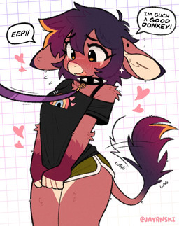 anthro bdsm biped black_hair blush bodily_fluids bottomwear brown_body brown_fur clothed clothed_female clothing collar covering covering_crotch dialogue dolphin_shorts dominant dominant_pov female first_person_view flying_sweatdrops front_view fully_clothed fully_clothed_female fur hair hotpants leash leashed_collar petplay purple_hair roleplay shirt shorts solo spiked_collar spikes standing submissive submissive_female sweat sweatdrop t-shirt tail tail_motion tailwag text thick_thighs topwear jayrnski duski_glow asinus donkey equid equine mammal 2025 english_text hi_res
