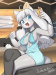 anthro blue_eyes breasts clothed clothed_anthro clothed_female clothing cocktail_dress electronics female food front_view fur grey_body grey_fur grey_hair hair inner_ear_fluff inside open_mouth phone sitting smile solo sushi tuft zinfyu domestic_cat felid feline felis mammal 2024 absurd_res dated digital_media_(artwork) hi_res